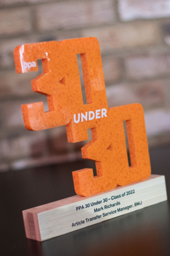 orange acrylic 30 sustainable awards with a wooden base on a black table