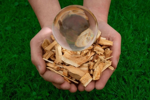 wood chip and acrylic sphere being held in two hands with grass in the background