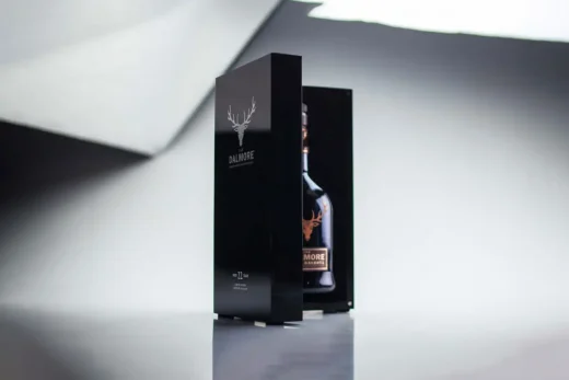 Black Dalmore bottle presentation case open with a black insert and Dalmore whisky bottle for product displays