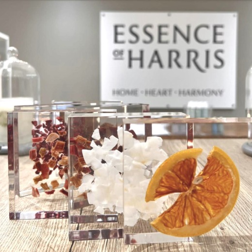 botanicals embedded in clear acrylic in the Essence of Harris shop