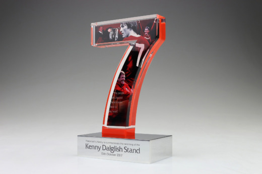 Number seven shaped acrylic commemorative gifts on an aluminiu base for Kenny Dalglish