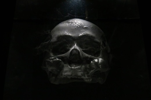 Black image with skull image illuminated from above for movie props