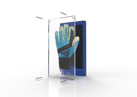 Glove presentation case with blue back plate and clear front to encase the glove. Exploded to show the product displays makeup.