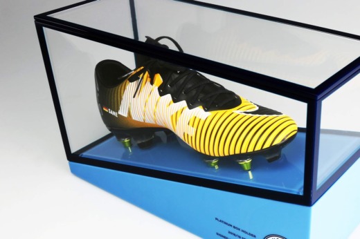 Manchester City football FC football boot product displays made from blue and clear acrylic with a Nike football boot incased
