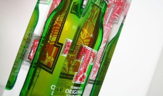 Tennents bottle encapsulated in clear acrylic for a product display bottle glorifier