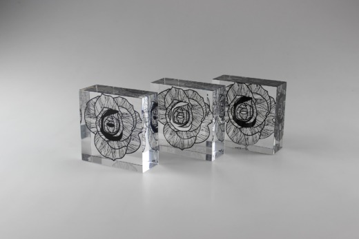 Three clear acrylic squares with black graphic rose prints embedded