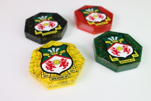 Wrexham AFC fan merchandise – colourful acrylic hexagon keepsakes with club crest