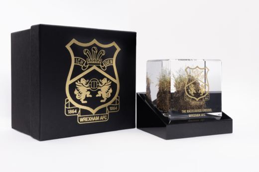 Wrexham AFC Racecourse Ground turf encapsulated in acrylic cube with branded gift box