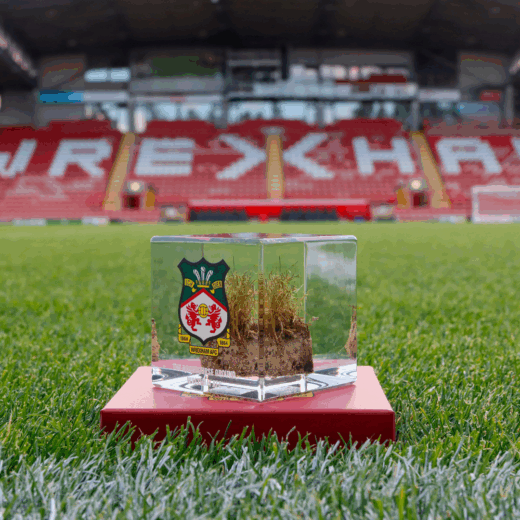 Close-up of a Wrexham AFC turf memorabilia cube with club crest, containing preserved turf from The Racecourse Ground, sitting on the pitch.