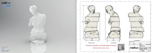 Technical design drawings showing dimensions and sectioning of a cast acrylic sculpture developed by Midton Acrylics