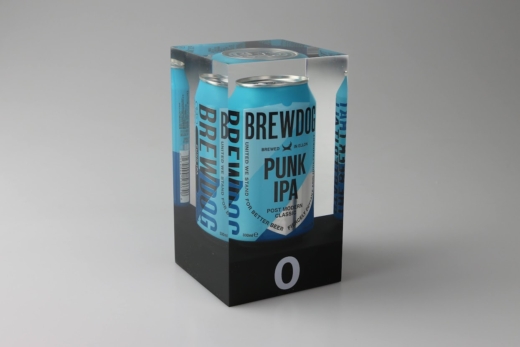 Front view of BrewDog Punk IPA beer can embedded inside a cast acrylic block with illuminated white base manufactured by Midton.