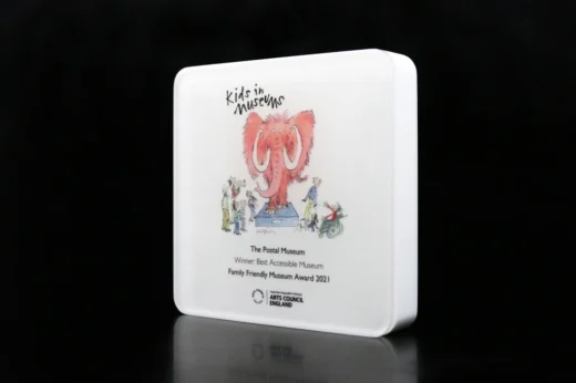 custom acrylic award plaque for Kids in Museums with printed design and white finish