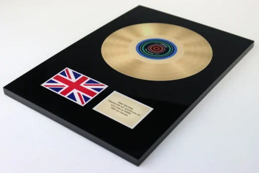 bespoke acrylic plaque gold record award style presentation piece with mounted disc