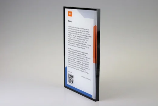 Custom acrylic wall plaque with printed information panel and standoff mounting