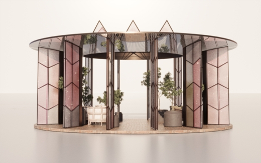 Open entrance view of Chelsea Flower Show pavilion with coloured recycled acrylic panels