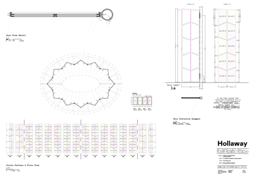 Construction drawing showing panel layouts dimensions and door details for Chelsea Flower Show pavilion