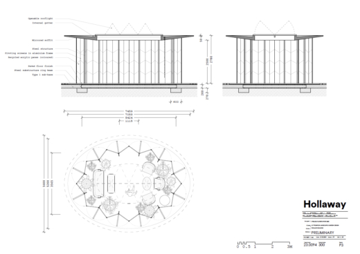 Technical design drawing showing elevations and floor plan for Chelsea Flower Show pavilion