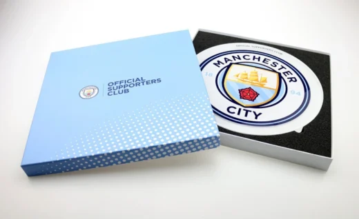 custom acrylic plaque Manchester City supporters club branded presentation piece