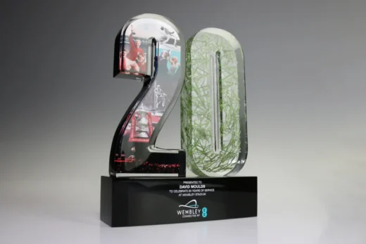 Wembley Stadium 20 years service commemorative acrylic award with embedded graphics