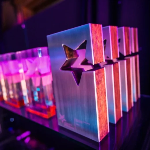 Bespoke acrylic awards with metal and wood elements displayed at event