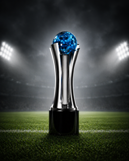 Bespoke acrylic football trophy photographed on football pitch under stadium lights