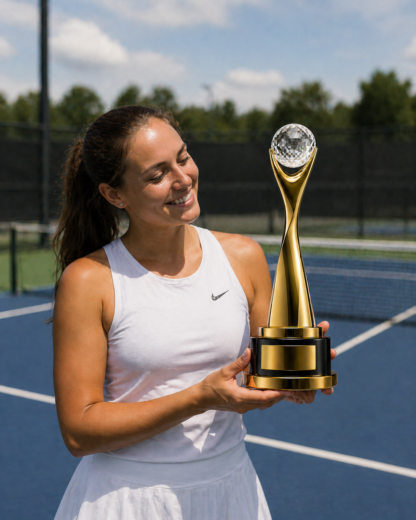 Bespoke tennis trophy with gold metallic finish and crystal ball top