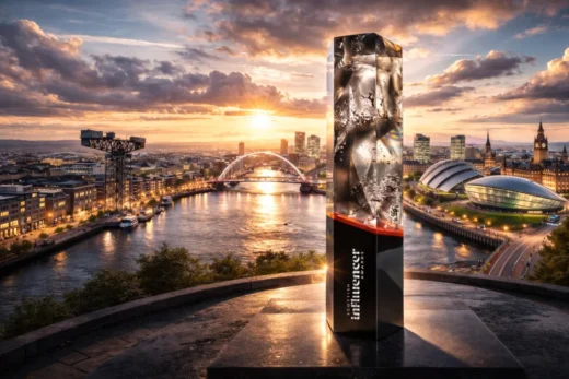 Sculptural custom acrylic award overlooking Glasgow skyline showcasing premium cast acrylic clarity