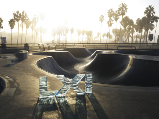 Acrylic Super Bowl LXI numerals displayed at Venice Beach skatepark Los Angeles