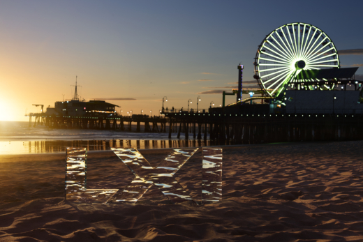 Bespoke acrylic Super Bowl LXI numerals photographed at Santa Monica Pier Los Angeles