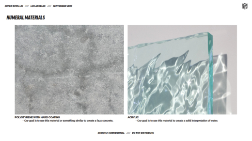 Material inspiration board showing acrylic water effect and faux concrete textures for Super Bowl LXI project