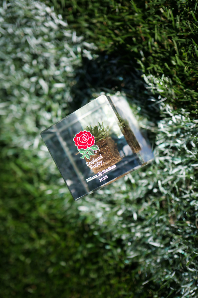 Official England Rugby acrylic keepsake containing genuine Allianz Stadium turf before preservation by Midton.