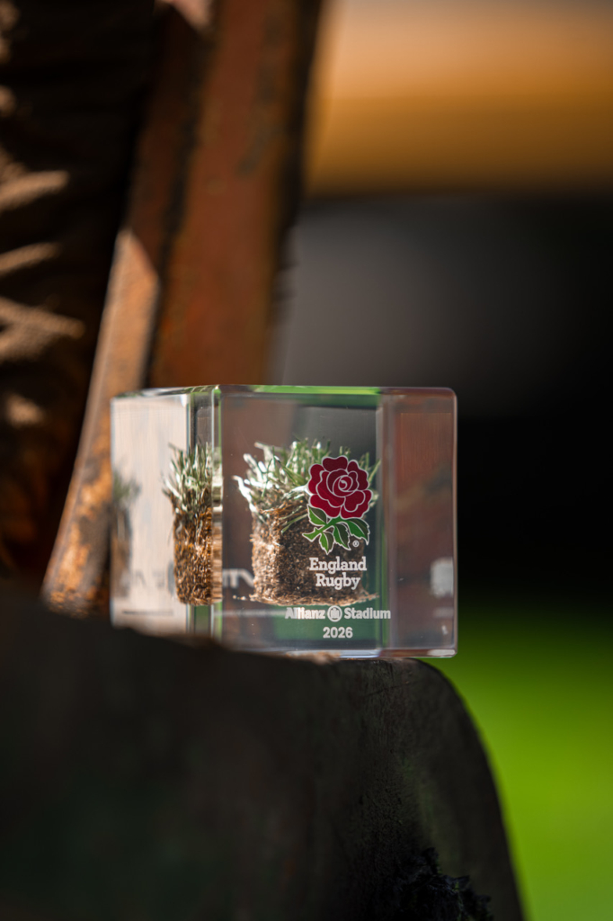England Rugby and STIGA official acrylic keepsake preserving authentic turf from Allianz Stadium.