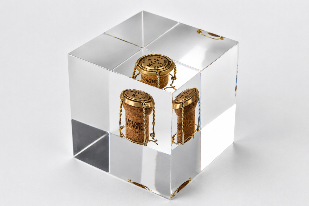 Champagne cork preserved inside a bespoke clear acrylic Legacy Cube