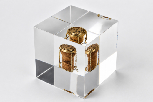 Champagne cork preserved inside a bespoke clear acrylic Legacy Cube