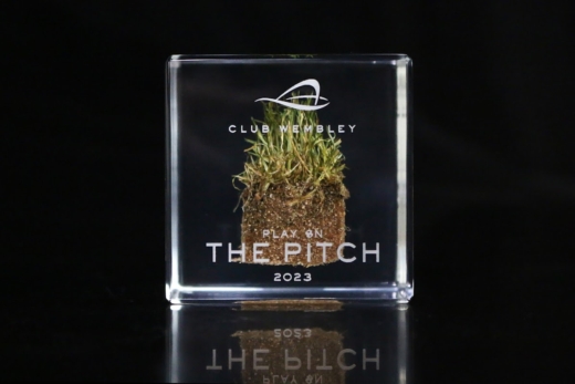 Club Wembley stadium pitch turf embedded in a clear acrylic memorabilia cube