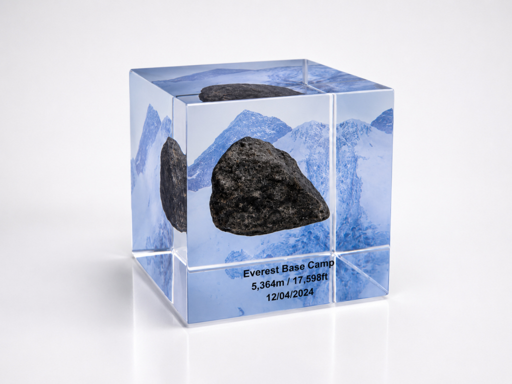 Everest Base Camp rock preserved inside a custom clear acrylic Legacy Cube