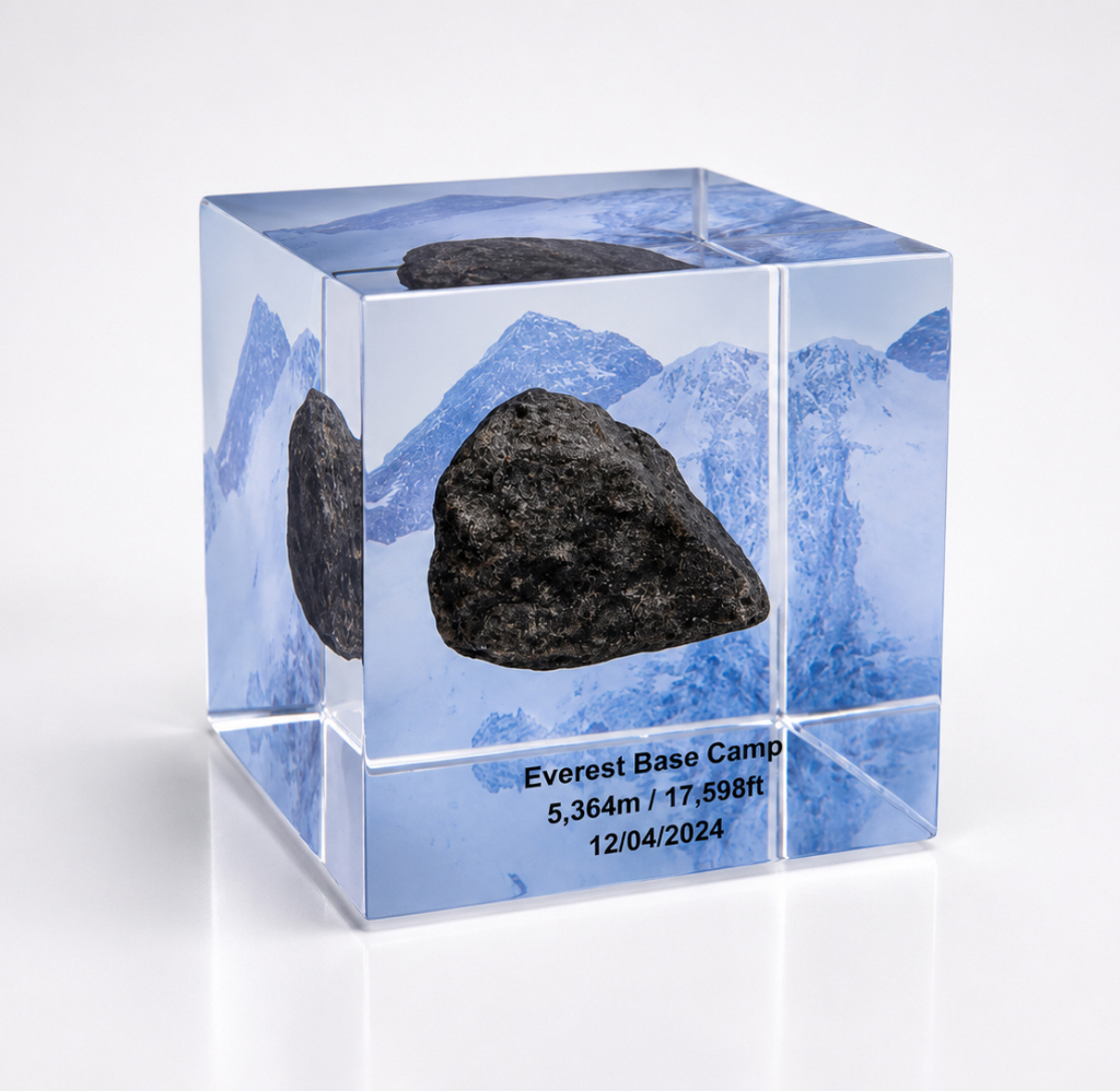 Everest Base Camp rock preserved inside a custom clear acrylic Legacy Cube