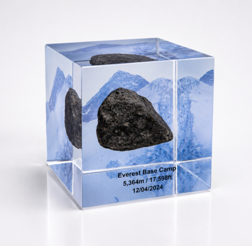 Everest Base Camp rock preserved inside a custom clear acrylic Legacy Cube