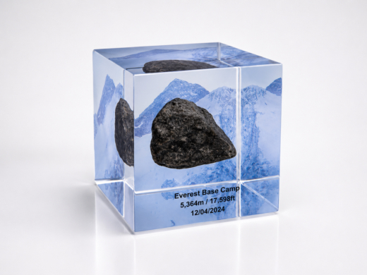 Everest Base Camp rock preserved inside a custom clear acrylic Legacy Cube