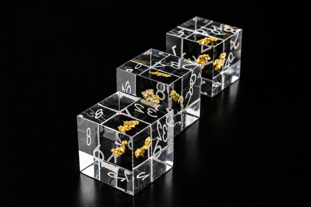 Gold specimens preserved inside a collection of numbered clear acrylic Legacy Cubes
