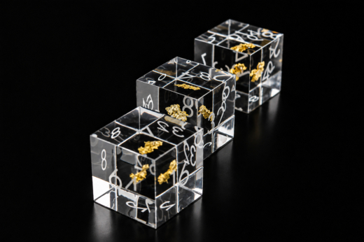 Gold specimens preserved inside a collection of numbered clear acrylic Legacy Cubes