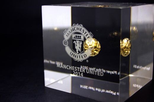 Manchester United branded acrylic cube with embedded gold football material