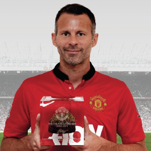 Manchester United turf memorabilia cube displayed with Ryan Giggs