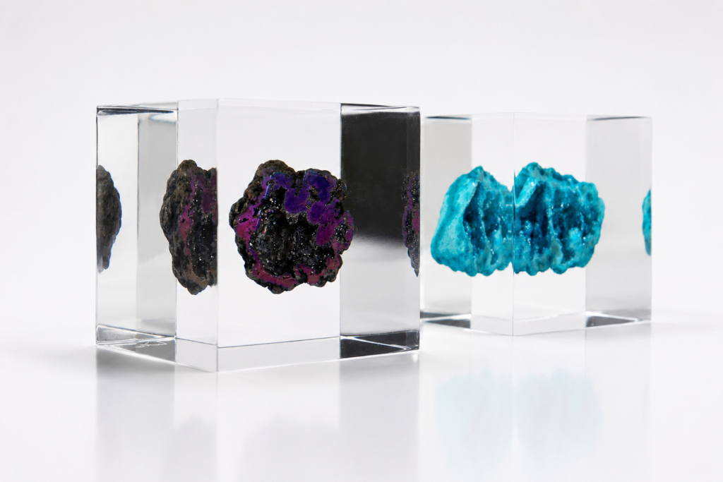 Colourful mineral specimens embedded inside clear acrylic Legacy Cubes