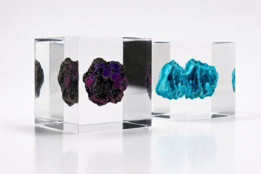 Colourful mineral specimens embedded inside clear acrylic Legacy Cubes