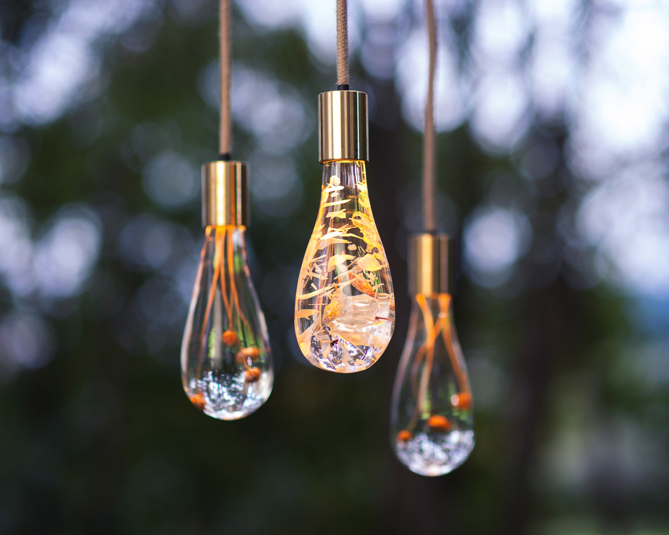 Bespoke acrylic pendant lights by Dan Heap featuring natural materials embedded in clear cast acrylic