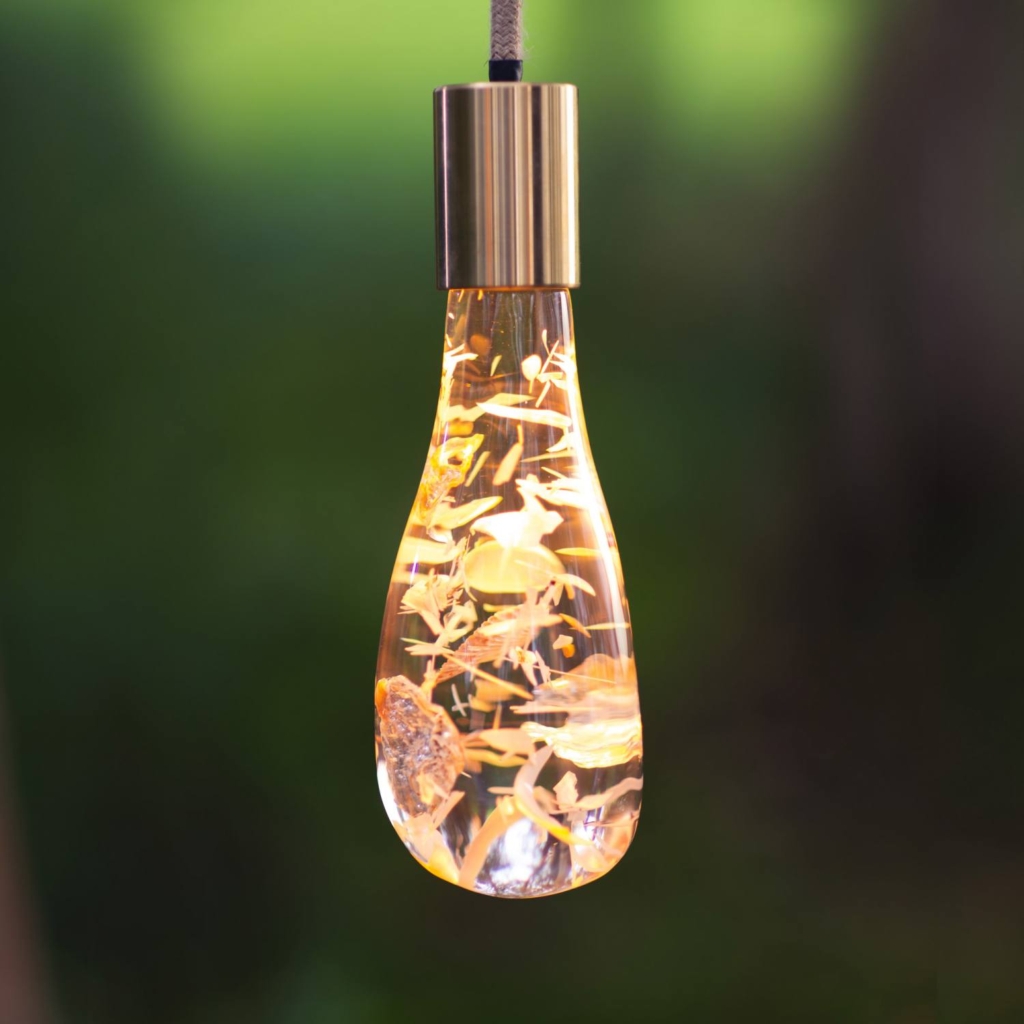 Dan Heap illuminated acrylic pendant showcasing embedded natural materials and warm LED light