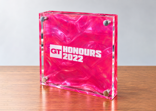 Bespoke pink acrylic Gay Times Honours 2022 award manufactured by Midton