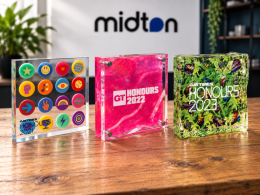 Gay Times Honours bespoke acrylic awards from 2021, 2022 and 2023 created by Midton